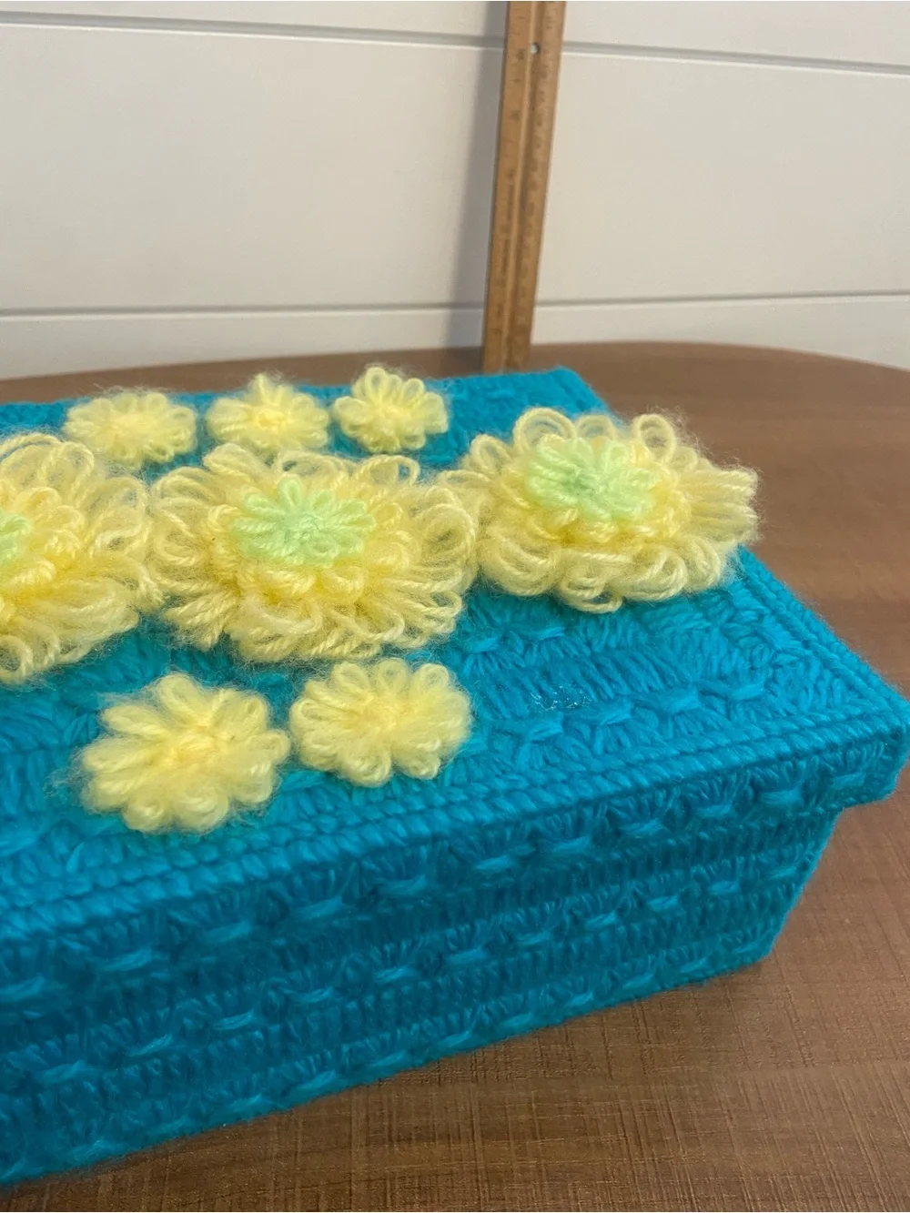 Handcrafted Yarn crocheted box Yellow Floral Accent w/ lid